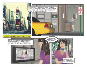 Cartoon-style storyboard of an interactive media experience at Starbucks Times Square
