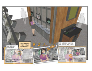 Cartoon-style storyboard of an interactive media experience at Starbucks Times Square