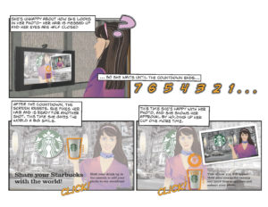 Cartoon-style storyboard of an interactive media experience at Starbucks Times Square