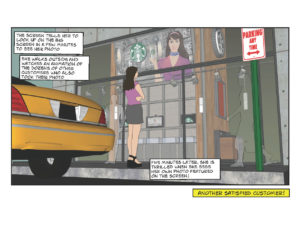 Cartoon-style storyboard of an interactive media experience at Starbucks Times Square